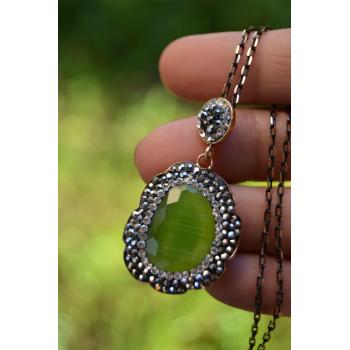 STONEAGE JEWELLERY Bayan Kolye Kedi Gözü Fıstık Yeşili